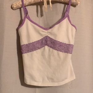 Victoria’s Secret tank top in white with purple lace and satin adjustable straps
